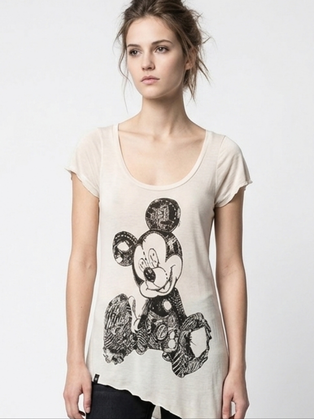 Lauren Moshi X Disney Couture White/Blk Mickey Mouse Asymmetrical Tee In XS